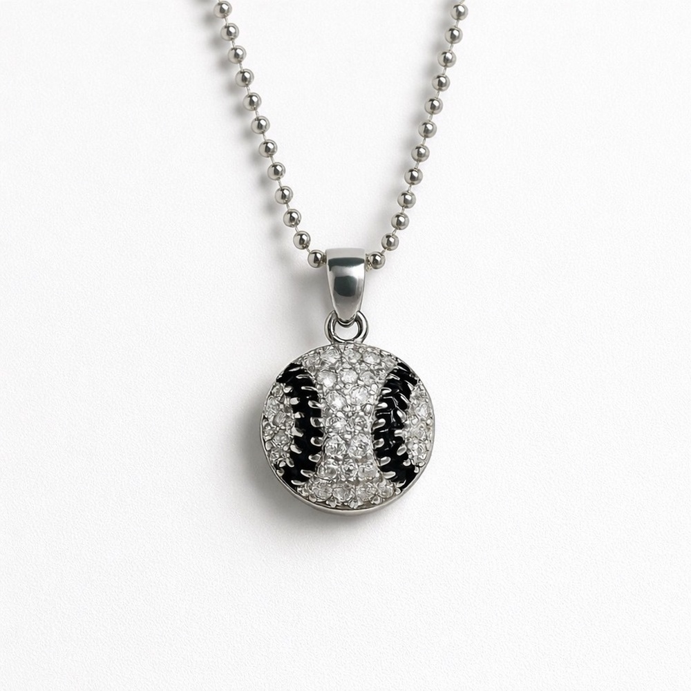 Dainty Baseball Pendant Necklace With Black and Clear Zirconia